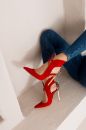 Barin Bağcık Detaylı İnce Topuk 10 Cm Kırmızı Leopar Stiletto