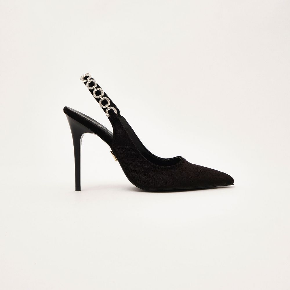 Jazzy Taş Detaylı İnce Topuk 10 Cm Siyah Kadife Stiletto resmi
