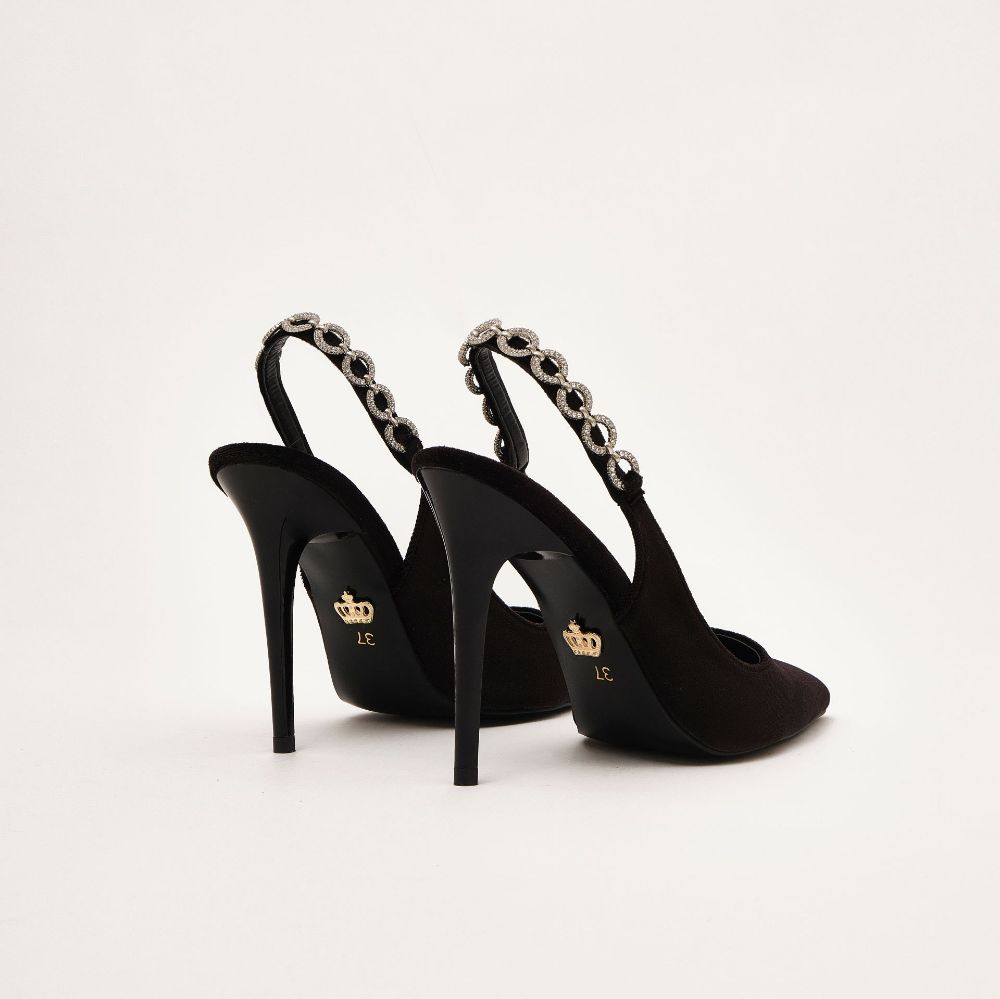 Jazzy Taş Detaylı İnce Topuk 10 Cm Siyah Kadife Stiletto resmi