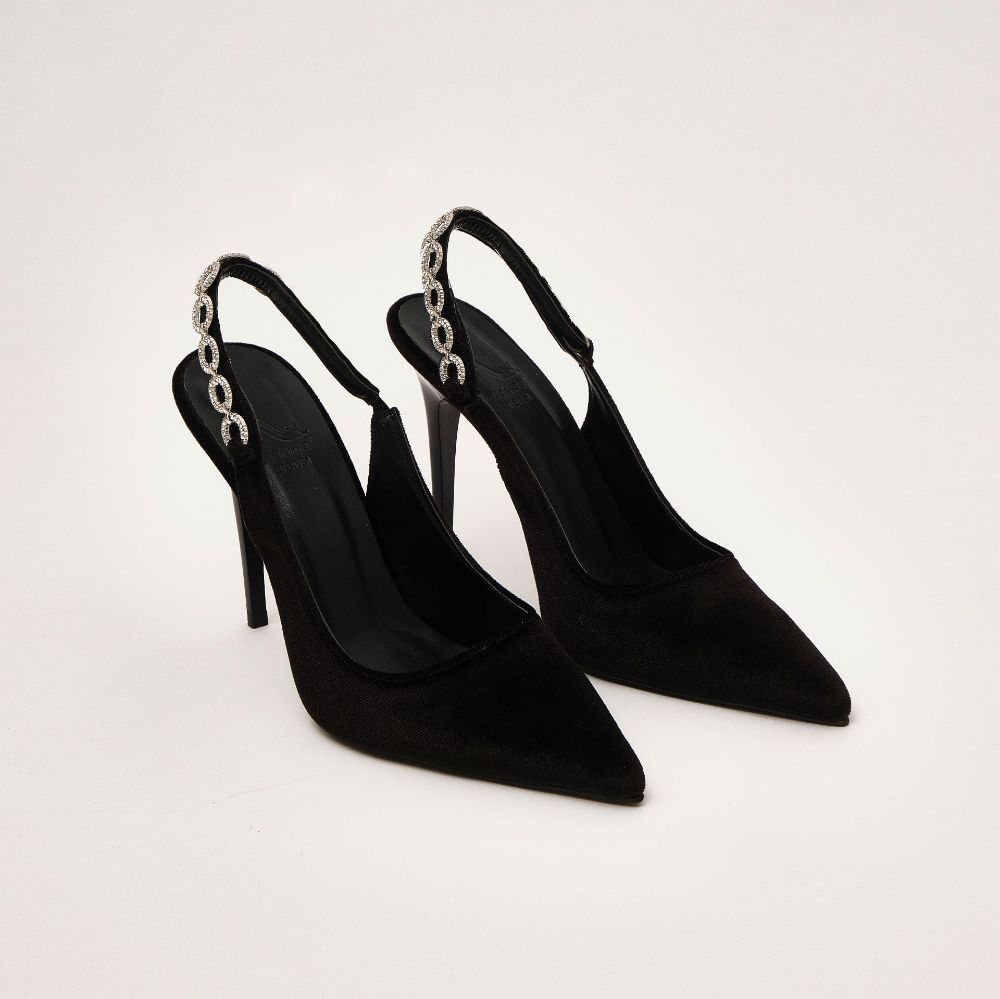 Jazzy Taş Detaylı İnce Topuk 10 Cm Siyah Kadife Stiletto resmi