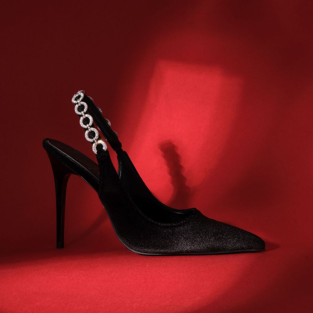 Jazzy Taş Detaylı İnce Topuk 10 Cm Siyah Kadife Stiletto resmi