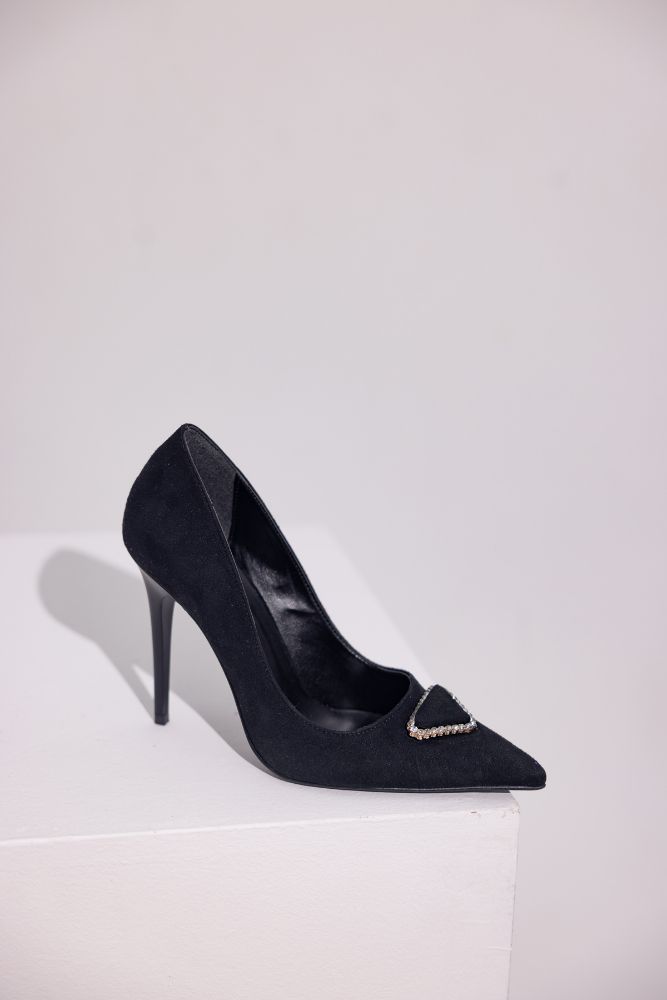 Alloga Taş Detaylı İnce Topuk 10 Cm Siyah Süet Stiletto resmi