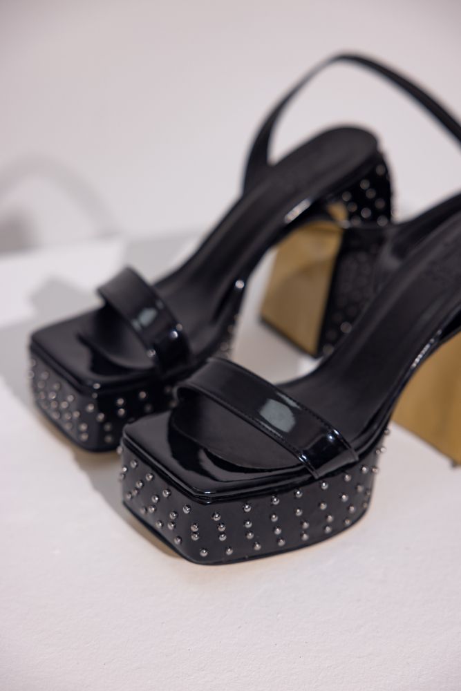 Polka Taş Detaylı Kalın Topuk 12 Cm Siyah Rugan Platform resmi