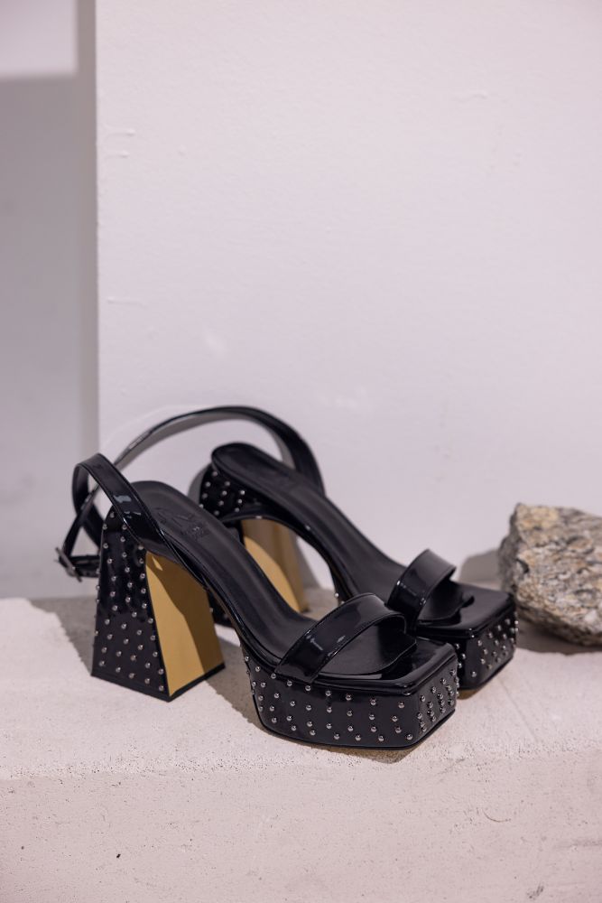 Polka Taş Detaylı Kalın Topuk 12 Cm Siyah Rugan Platform resmi