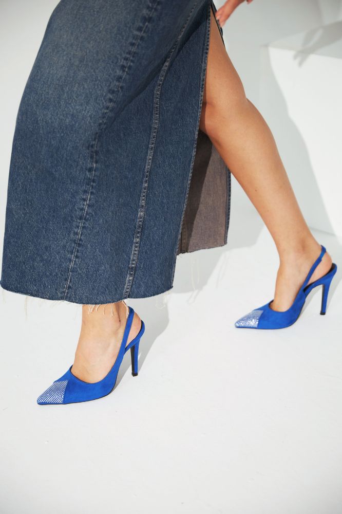 Jen Taş Detaylı İnce Topuk 10 Cm Saks Süet Stiletto resmi