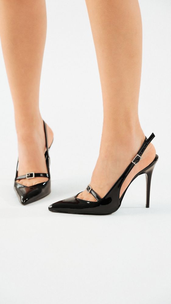 Vanda Taşlı Toka Detaylı İnce Topuk 10 Cm Siyah Rugan Stiletto resmi