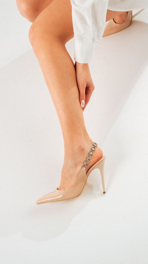 Jazzy Taş Detaylı İnce Topuk 10 Cm Ten Rugan Stiletto resmi