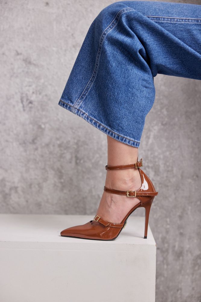 Ava Üç Bantlı İnce Topuk 10 Cm Taba Rugan Stiletto resmi