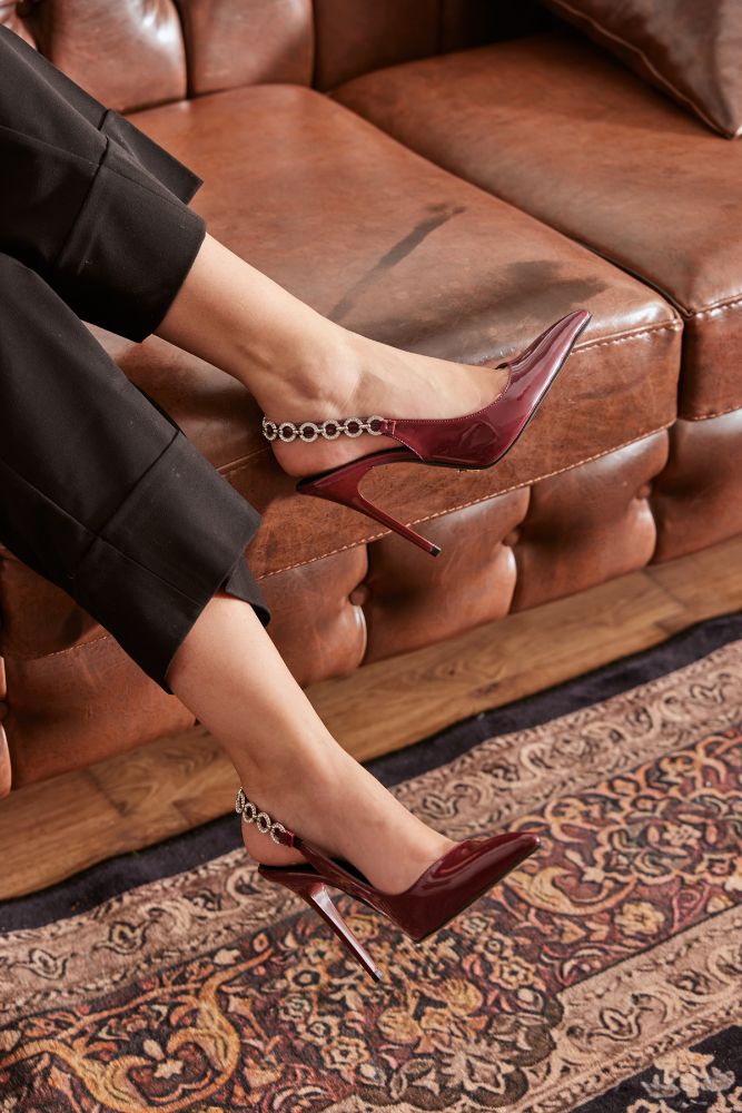 Jazzy Taş Detaylı İnce Topuk 10 Cm Cherry Stiletto resmi