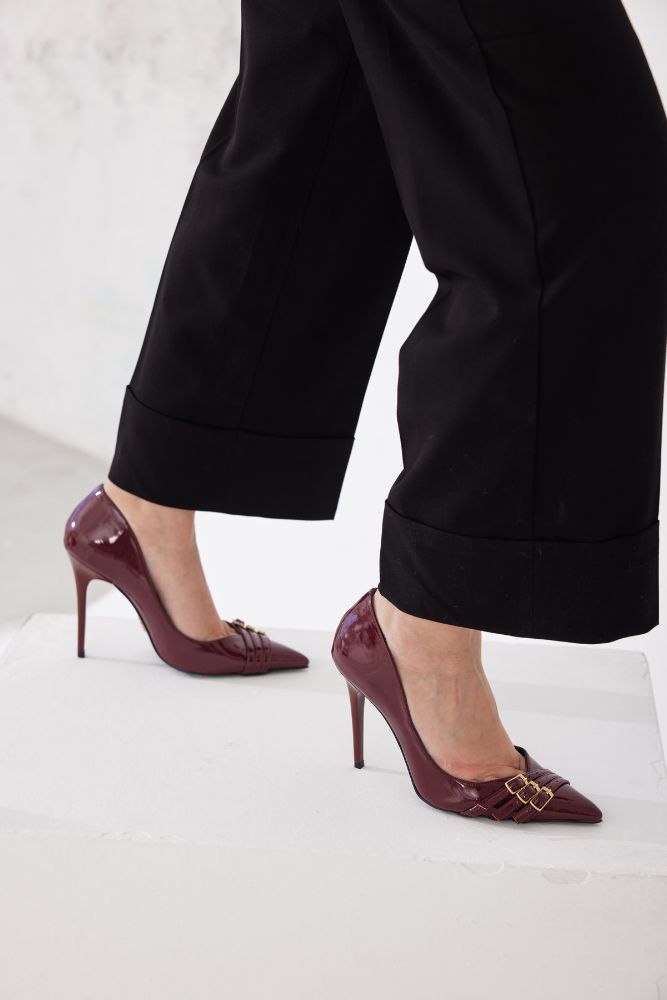 Wina Üç Bantlı Toka Detaylı İnce Topuk 10 Cm Cherry Stiletto resmi