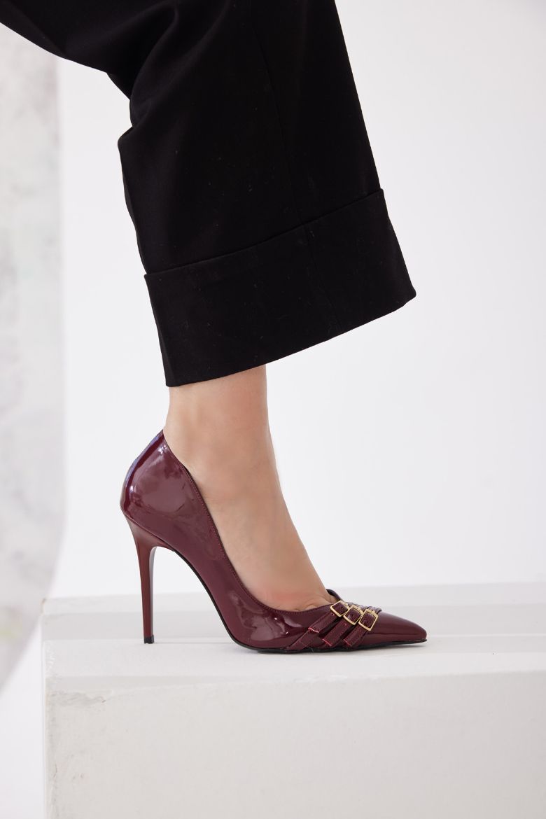 Wina Üç Bantlı Toka Detaylı İnce Topuk 10 Cm Cherry Stiletto resmi