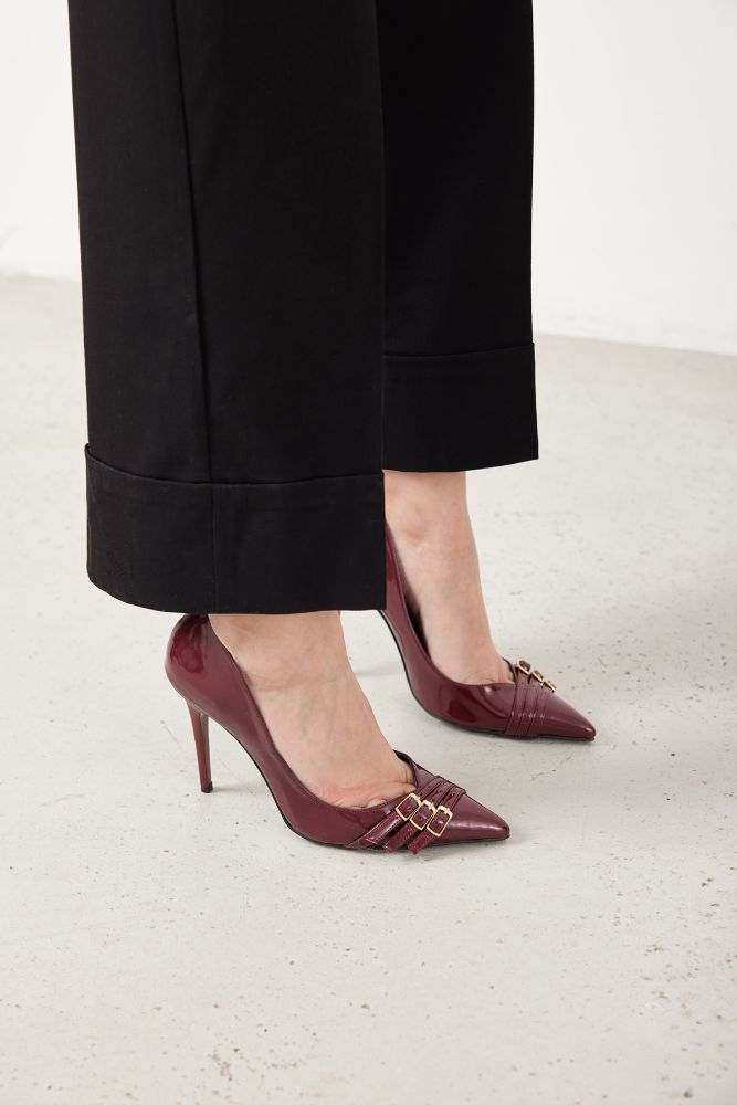 Wina Üç Bantlı Toka Detaylı İnce Topuk 10 Cm Cherry Stiletto resmi