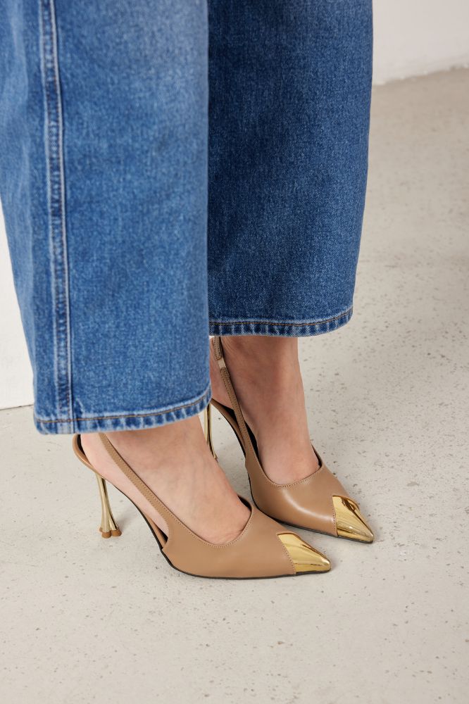 Nixi İnce Topuk 10 Cm Altın Detaylı Vizon Mat Stiletto resmi