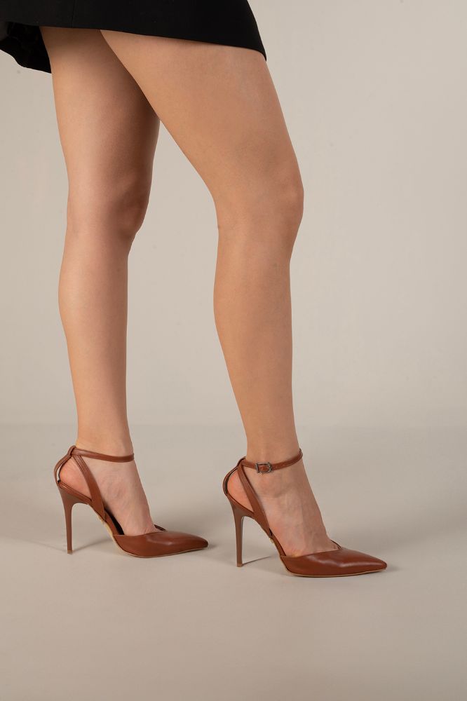 Odalis Bilekten Bantlı İnce Topuk 10 Cm Taba Mat Stiletto resmi