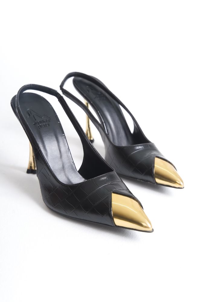 Nixi İnce Topuk 10 Cm Altın Detaylı Siyah Kroko Stiletto resmi