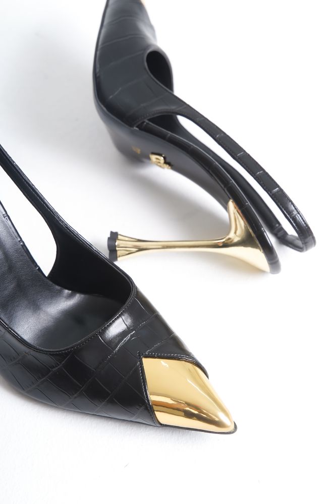 Nixi İnce Topuk 10 Cm Altın Detaylı Siyah Kroko Stiletto resmi