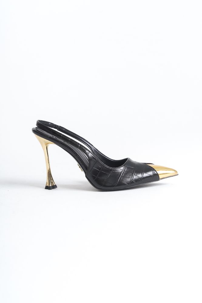Nixi İnce Topuk 10 Cm Altın Detaylı Siyah Kroko Stiletto resmi