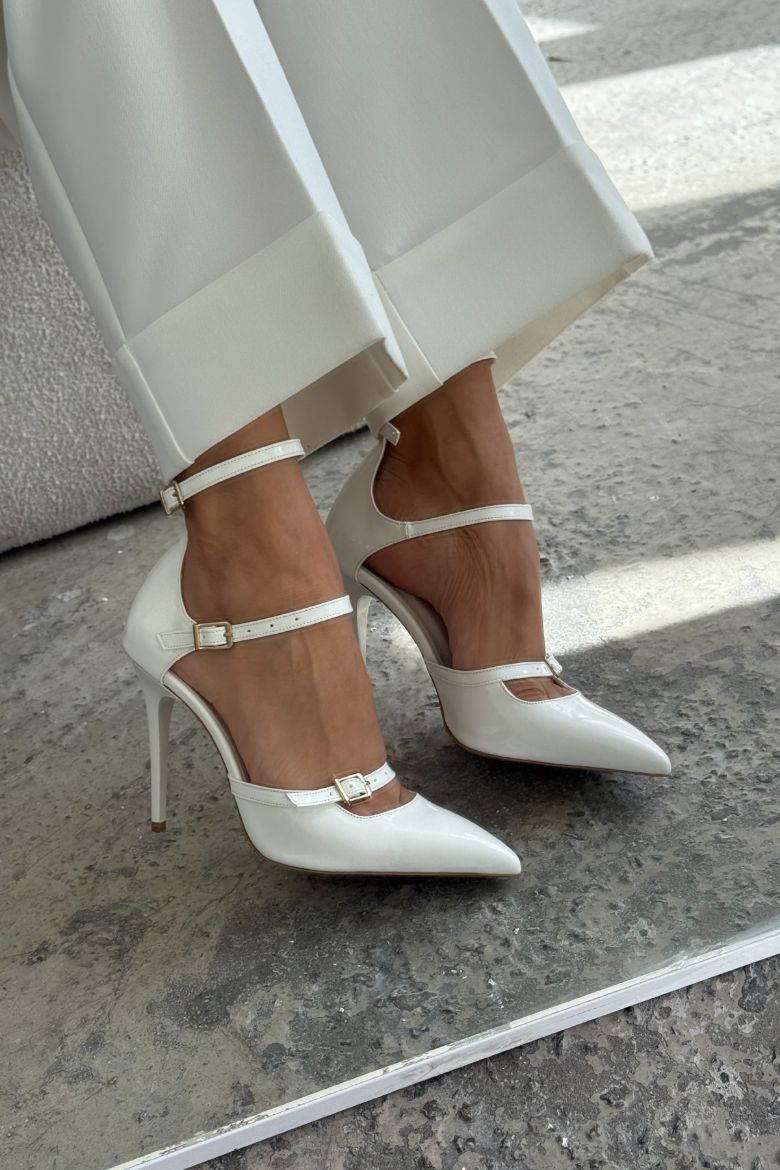 Ava Üç Bantlı İnce Topuk 10 Cm Beyaz Rugan Stiletto resmi