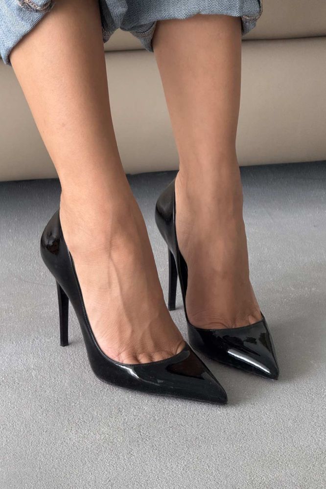 Nadja İnce Topuk 10 Cm Siyah Rugan Stiletto resmi
