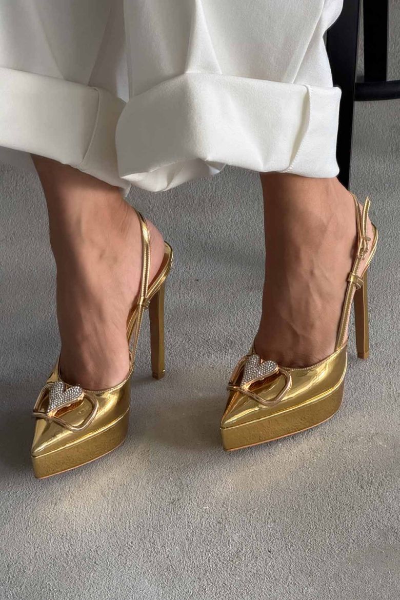 Ema Taşlı Aksesuar Detaylı İnce Topuk 13 Cm Gold Platform resmi