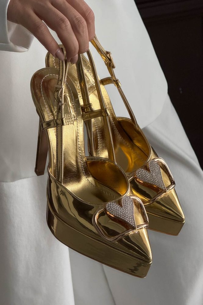 Ema Taşlı Aksesuar Detaylı İnce Topuk 13 Cm Gold Platform resmi