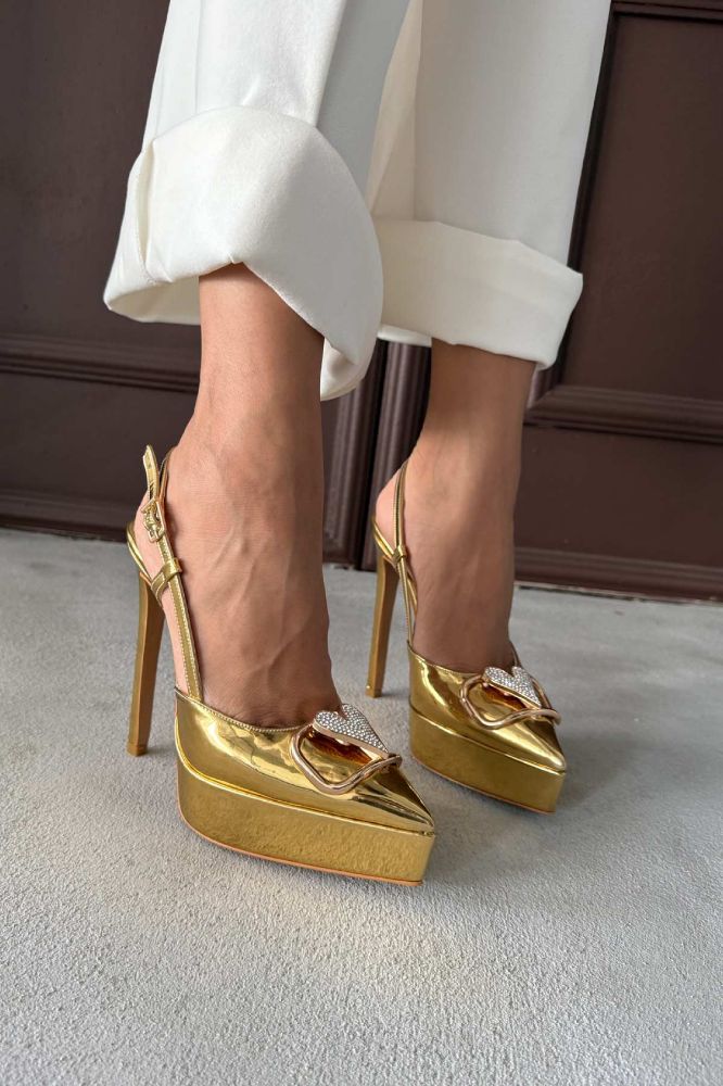 Ema Taşlı Aksesuar Detaylı İnce Topuk 13 Cm Gold Platform resmi