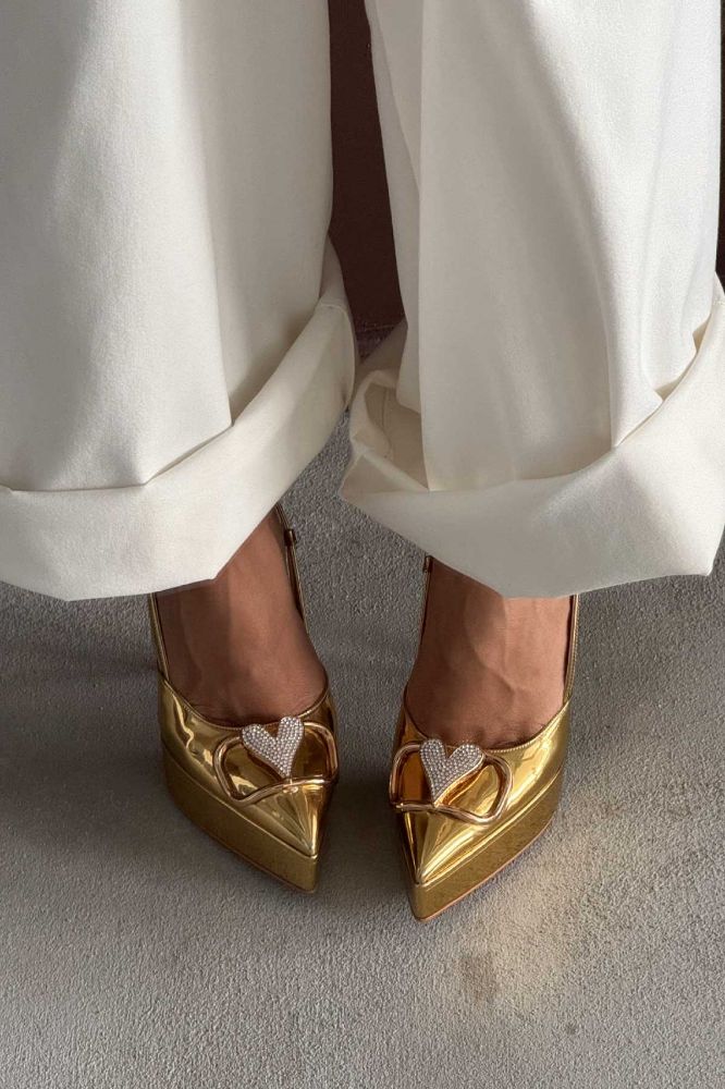 Ema Taşlı Aksesuar Detaylı İnce Topuk 13 Cm Gold Platform resmi