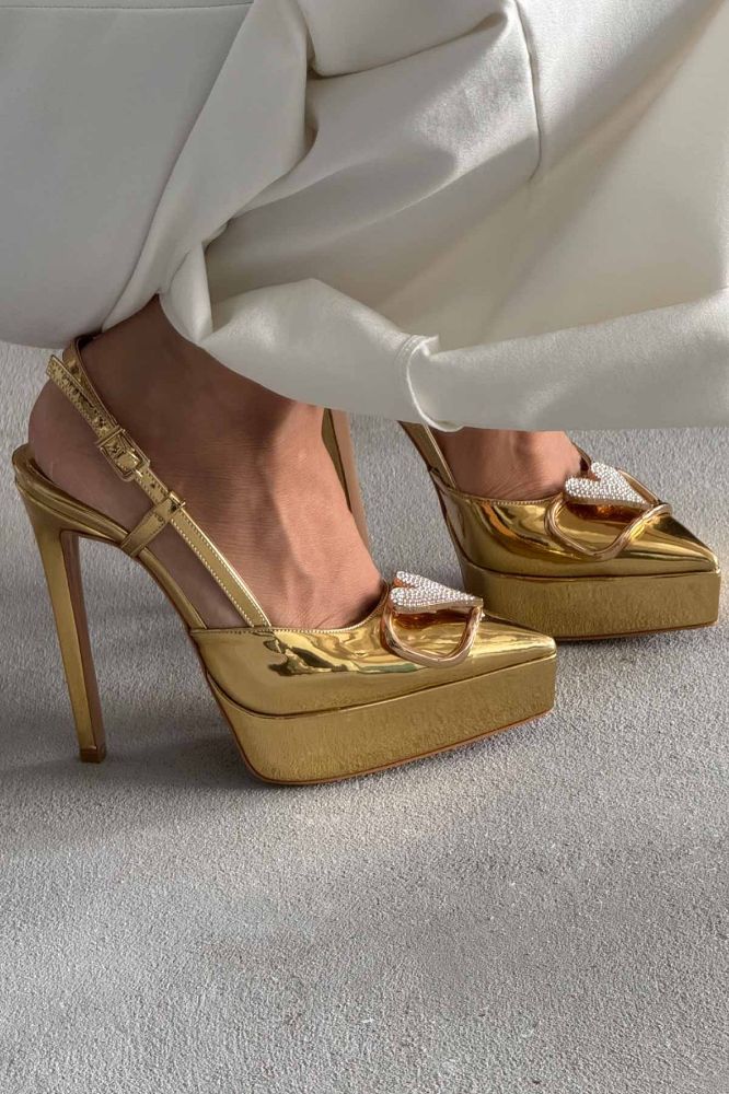 Ema Taşlı Aksesuar Detaylı İnce Topuk 13 Cm Gold Platform resmi