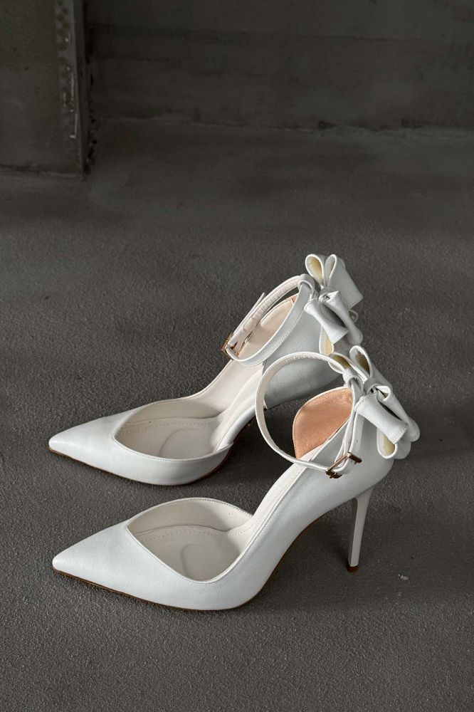 Damia Bilekten Bantlı Papyon Detaylı İnce Topuk 10 Cm Beyaz Mat Stiletto resmi