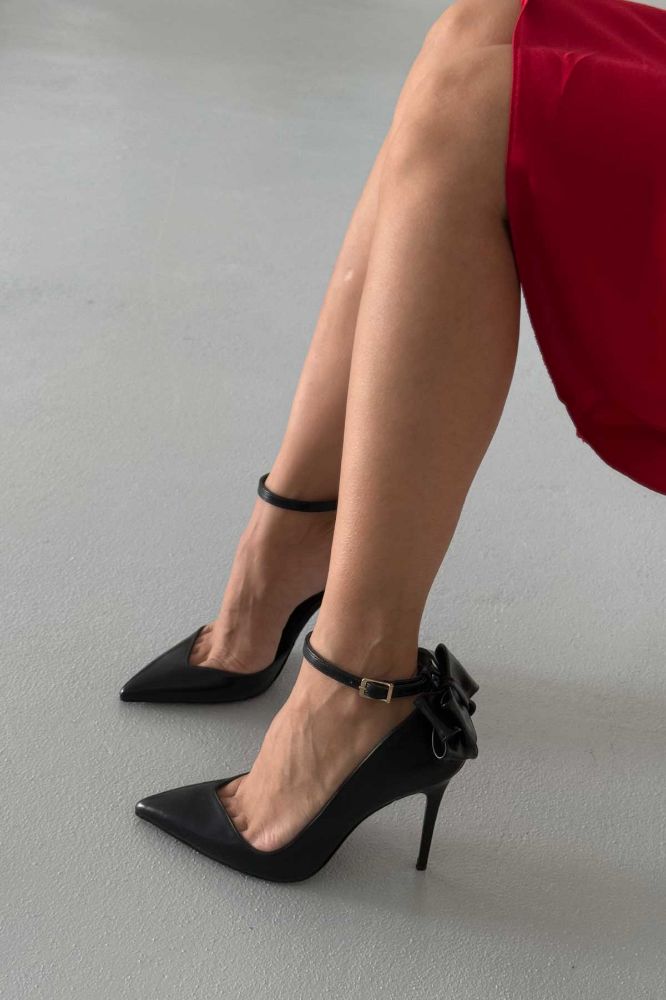 Damia Bilekten Bantlı Papyon Detaylı İnce Topuk 10 Cm Siyah Mat Stiletto resmi