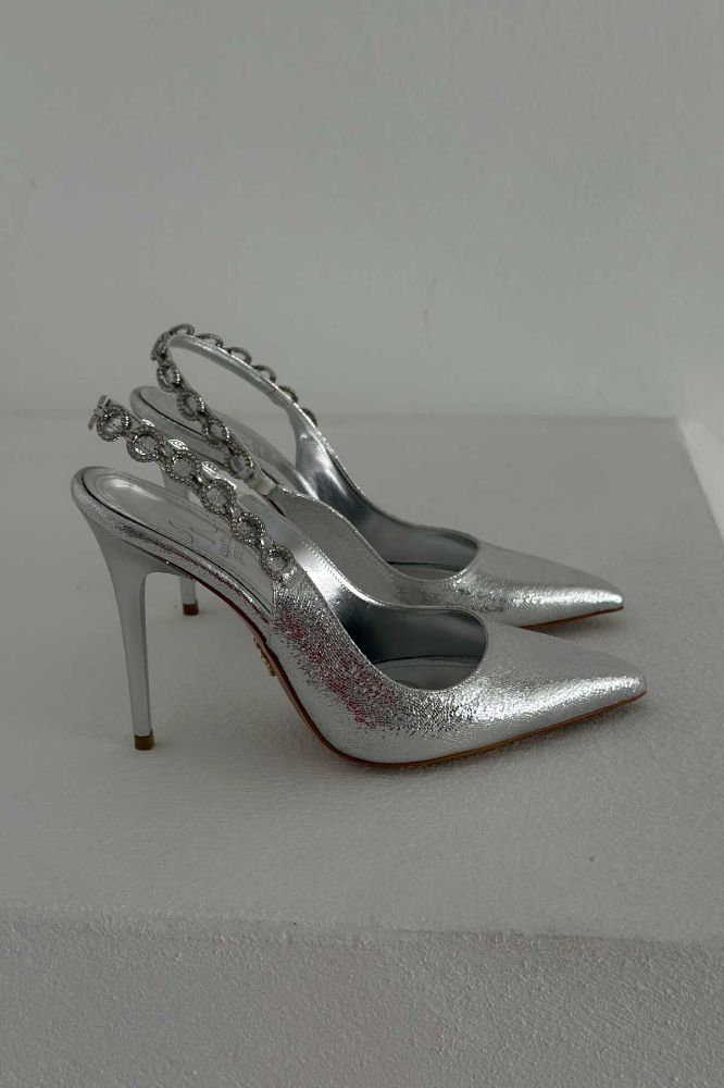 Jazzy Taş Detaylı İnce Topuk 10 Cm Gümüş Kırışık Stiletto resmi
