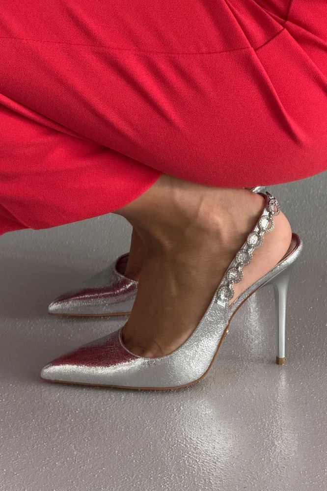 Jazzy Taş Detaylı İnce Topuk 10 Cm Gümüş Kırışık Stiletto resmi
