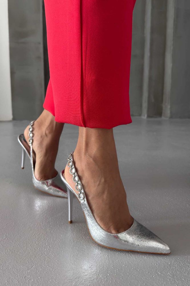 Jazzy Taş Detaylı İnce Topuk 10 Cm Gümüş Kırışık Stiletto resmi