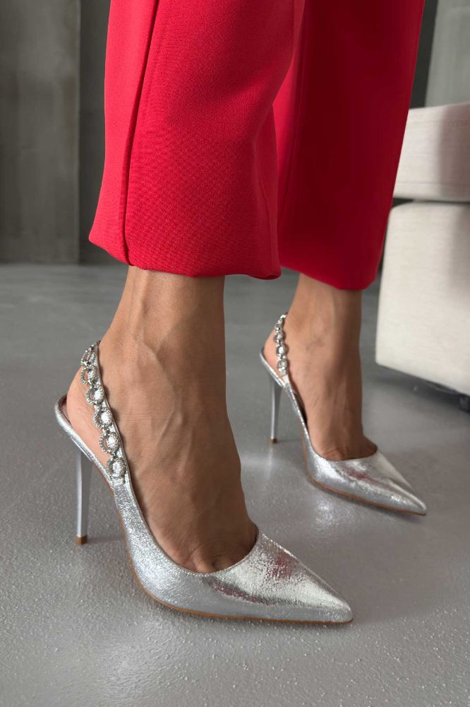 Jazzy Taş Detaylı İnce Topuk 10 Cm Gümüş Kırışık Stiletto resmi
