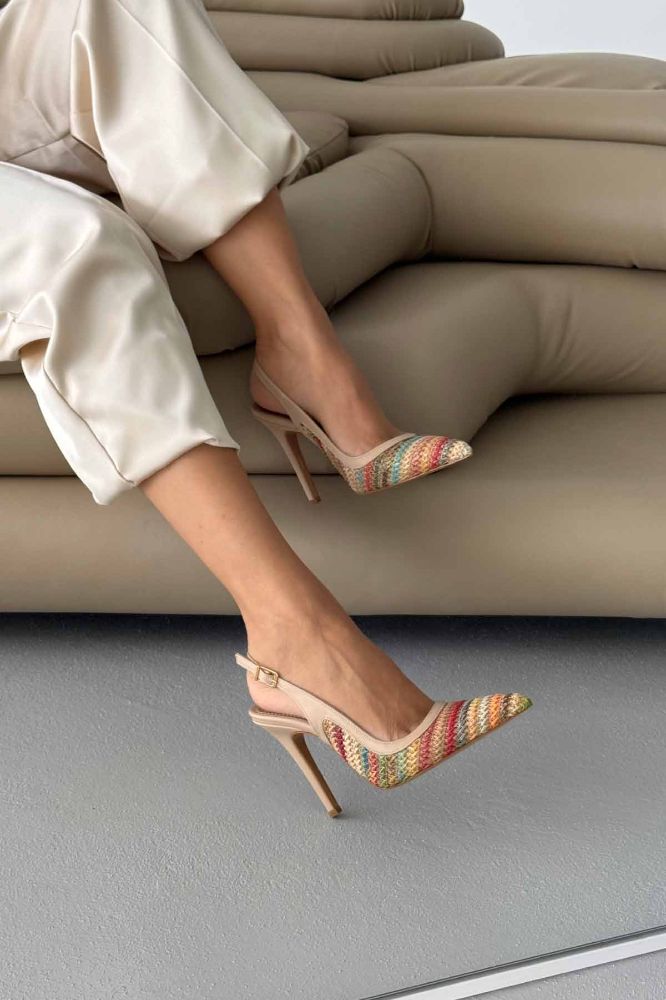 Echo İnce Topuk 10 Cm Renkli Hasır Bej Stiletto resmi