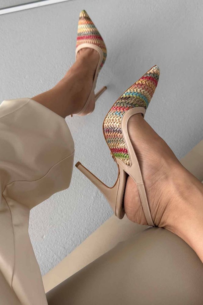 Echo İnce Topuk 10 Cm Renkli Hasır Bej Stiletto resmi