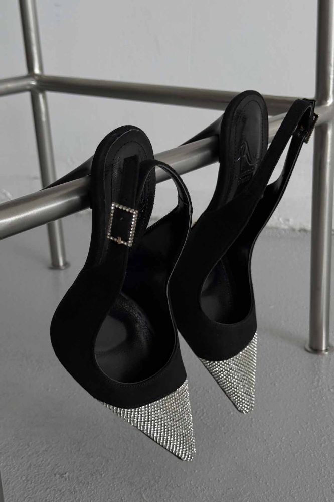 Jewel Taş Detaylı İnce Topuk 12 Cm Siyah Süet Stiletto resmi
