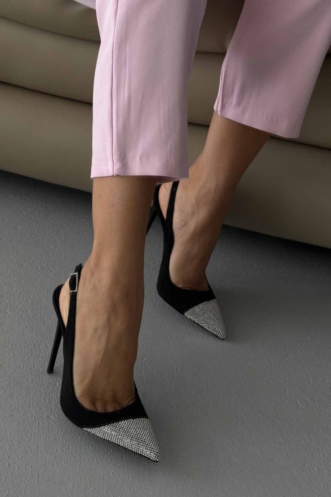 Jewel Taş Detaylı İnce Topuk 12 Cm Siyah Süet Stiletto resmi