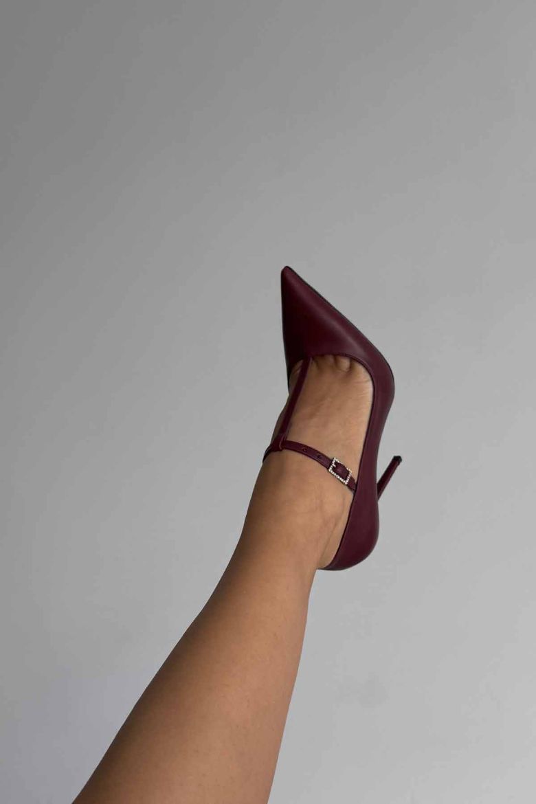 Wren Taşlı Toka Detaylı İnce Topuk 12 Cm Bordo Mat Stiletto resmi