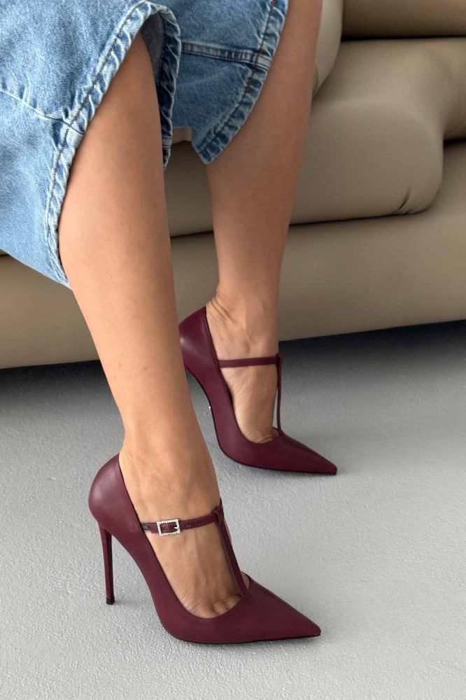 Wren Taşlı Toka Detaylı İnce Topuk 12 Cm Bordo Mat Stiletto resmi