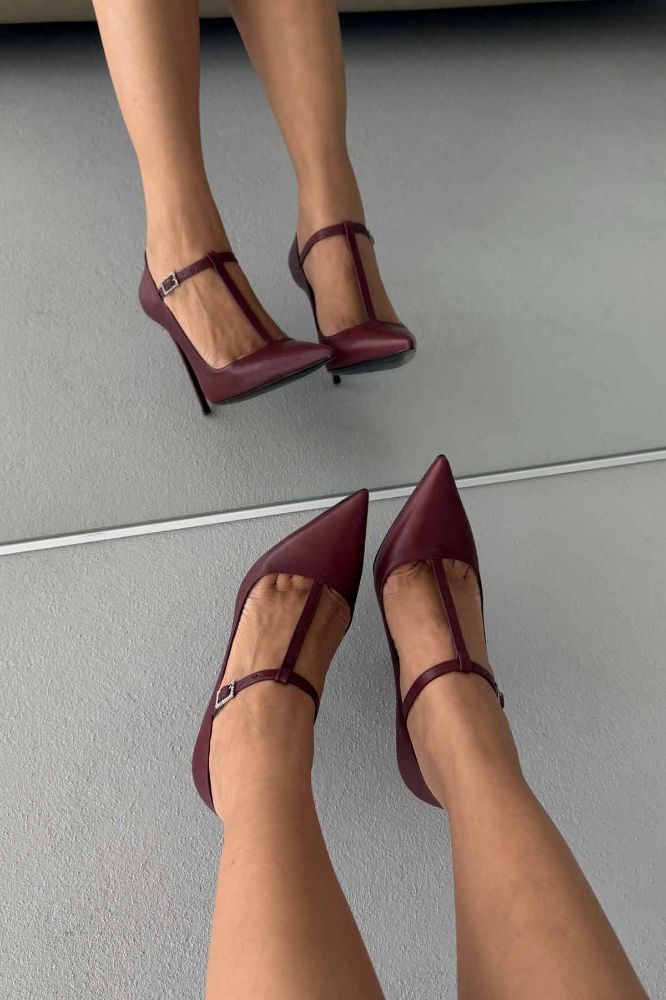 Wren Taşlı Toka Detaylı İnce Topuk 12 Cm Bordo Mat Stiletto resmi