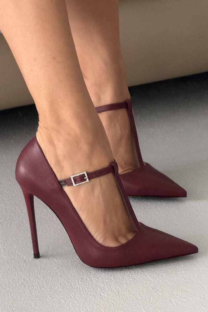 Wren Taşlı Toka Detaylı İnce Topuk 12 Cm Bordo Mat Stiletto resmi