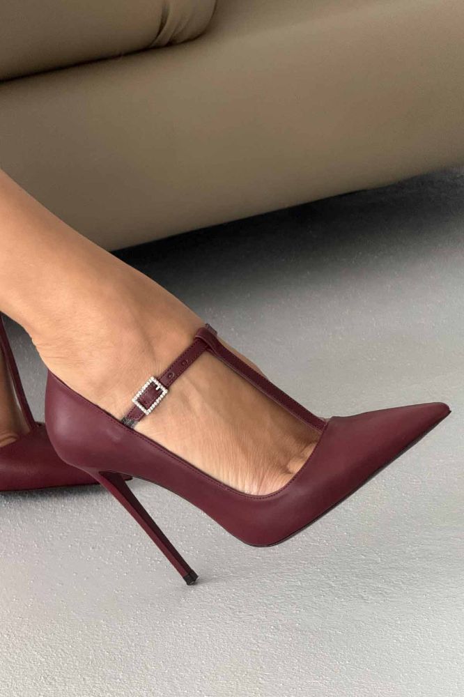 Wren Taşlı Toka Detaylı İnce Topuk 12 Cm Bordo Mat Stiletto resmi