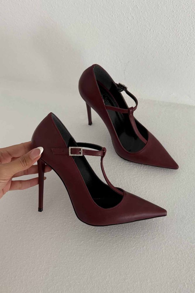 Wren Taşlı Toka Detaylı İnce Topuk 12 Cm Bordo Mat Stiletto resmi