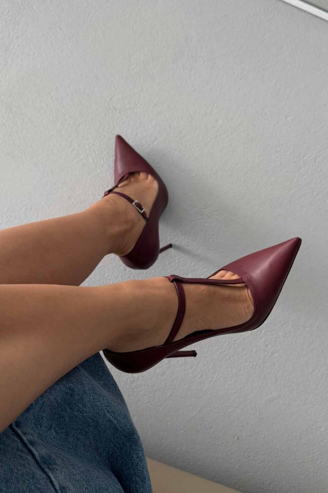 Wren Taşlı Toka Detaylı İnce Topuk 12 Cm Bordo Mat Stiletto resmi