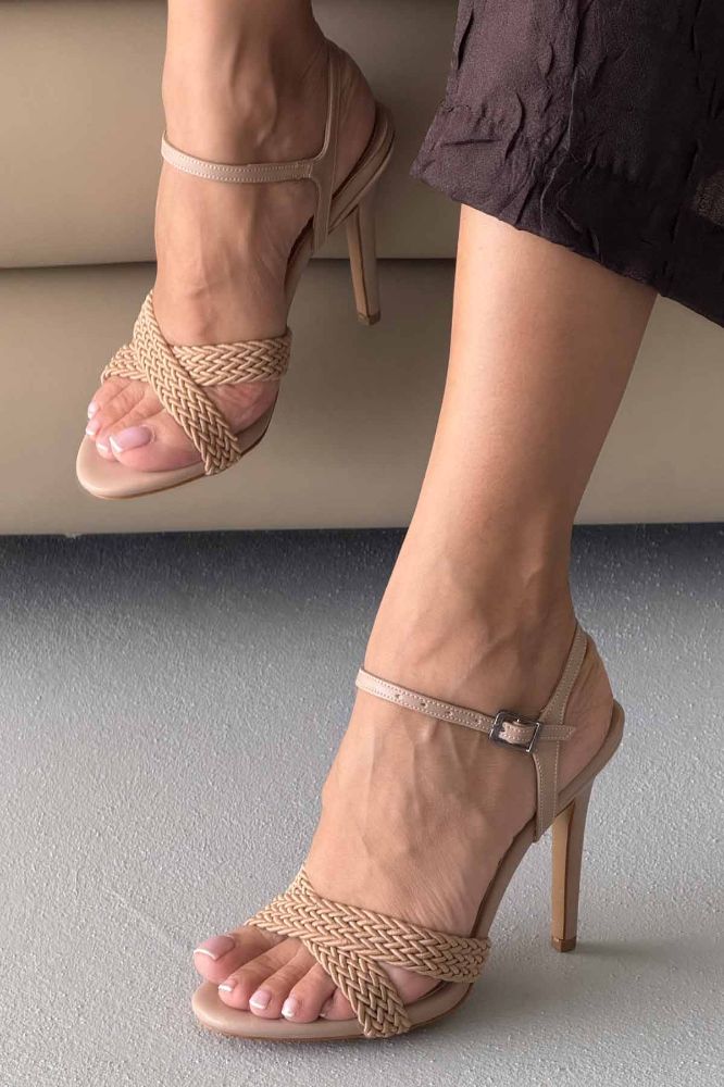 Tennessee Örgülü İnce Topuk 10 Cm Krem Topuklu Ayakkabı resmi