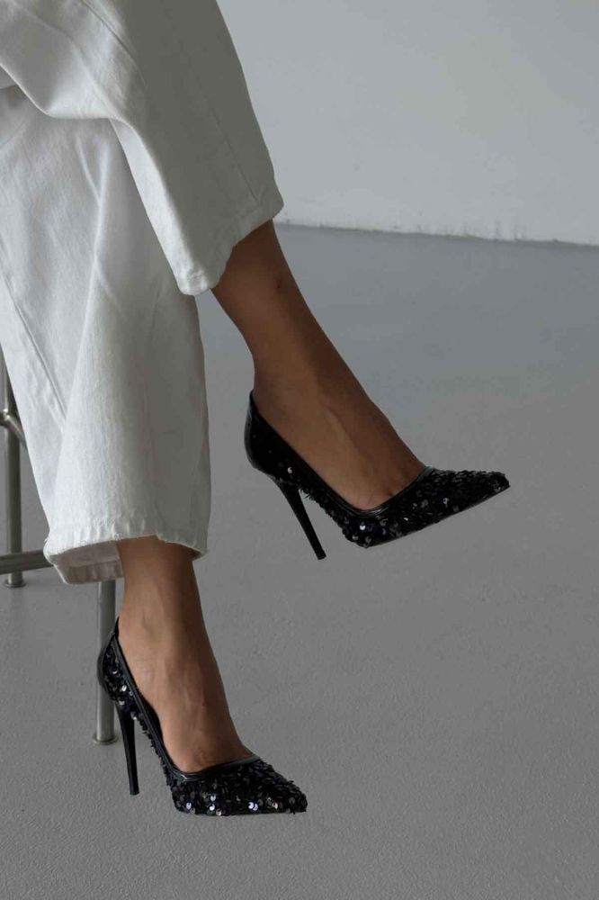 Nico İnce Topuk 10 Cm Siyah Payetli Stiletto resmi