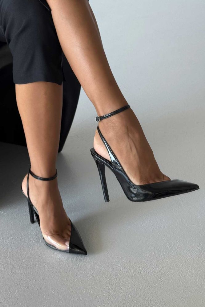 Prem Şeffaf Detaylı Taşlı Tokalı İnce Topuk 12 Cm Siyah Rugan Ve Şeffaf Stiletto resmi