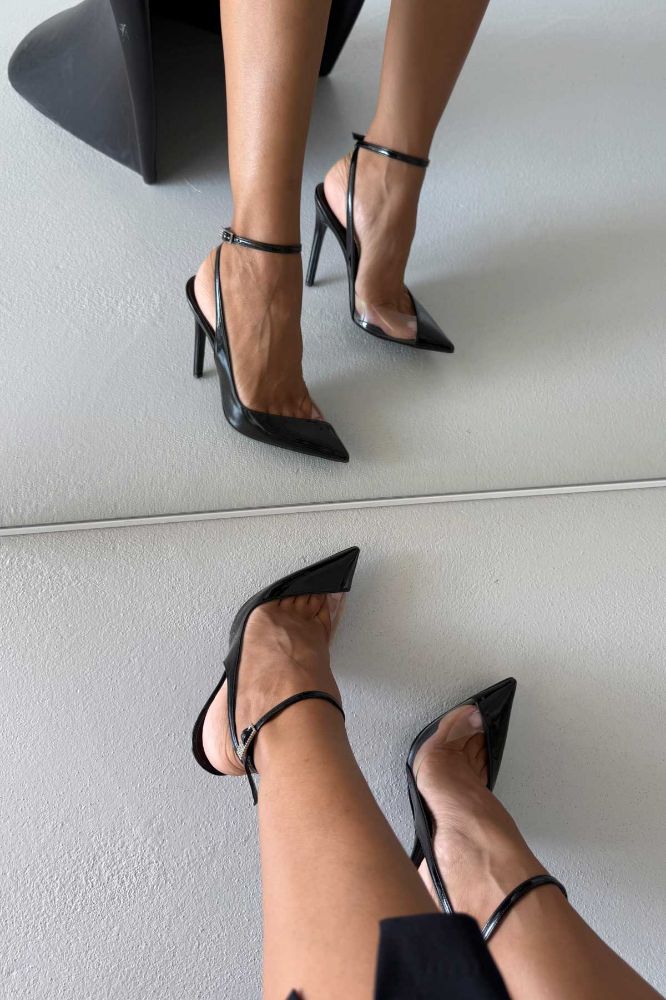 Prem Şeffaf Detaylı Taşlı Tokalı İnce Topuk 12 Cm Siyah Rugan Ve Şeffaf Stiletto resmi