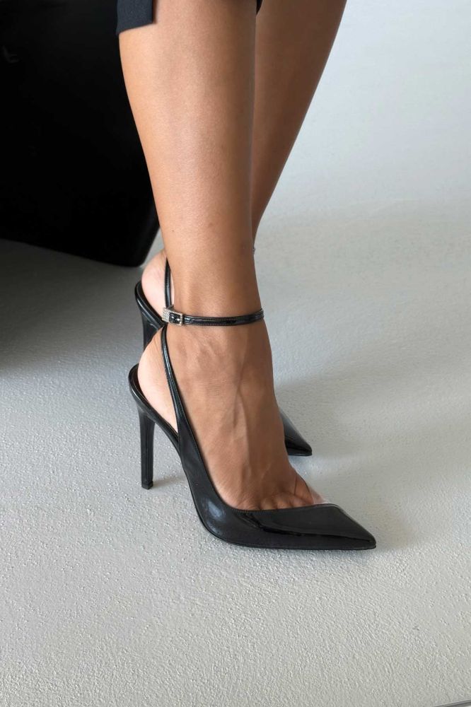 Prem Şeffaf Detaylı Taşlı Tokalı İnce Topuk 12 Cm Siyah Rugan Ve Şeffaf Stiletto resmi